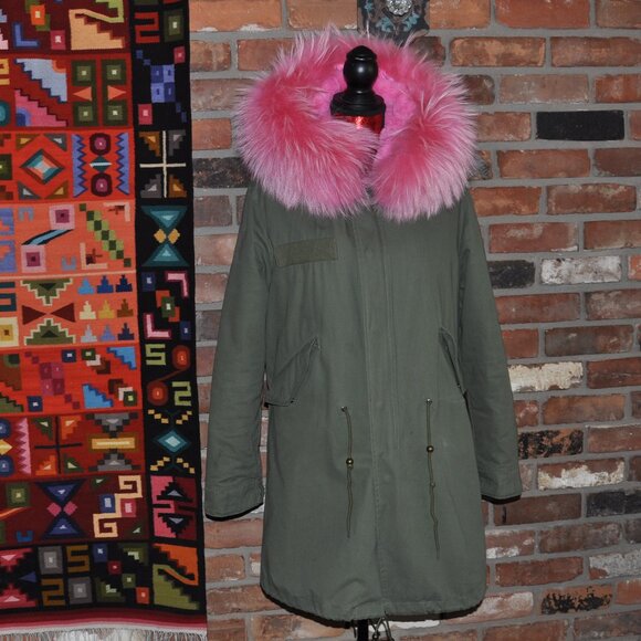 Green Parka Pink Raccoon Fur Trim, Faux Fur Lining M - Picture 5 of 14